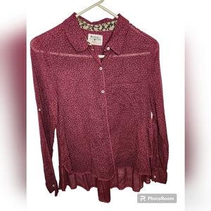 Holding Horses Anthro Polka Dot Button Shirt Maroon Long Sleeve Roll Tab Size 4